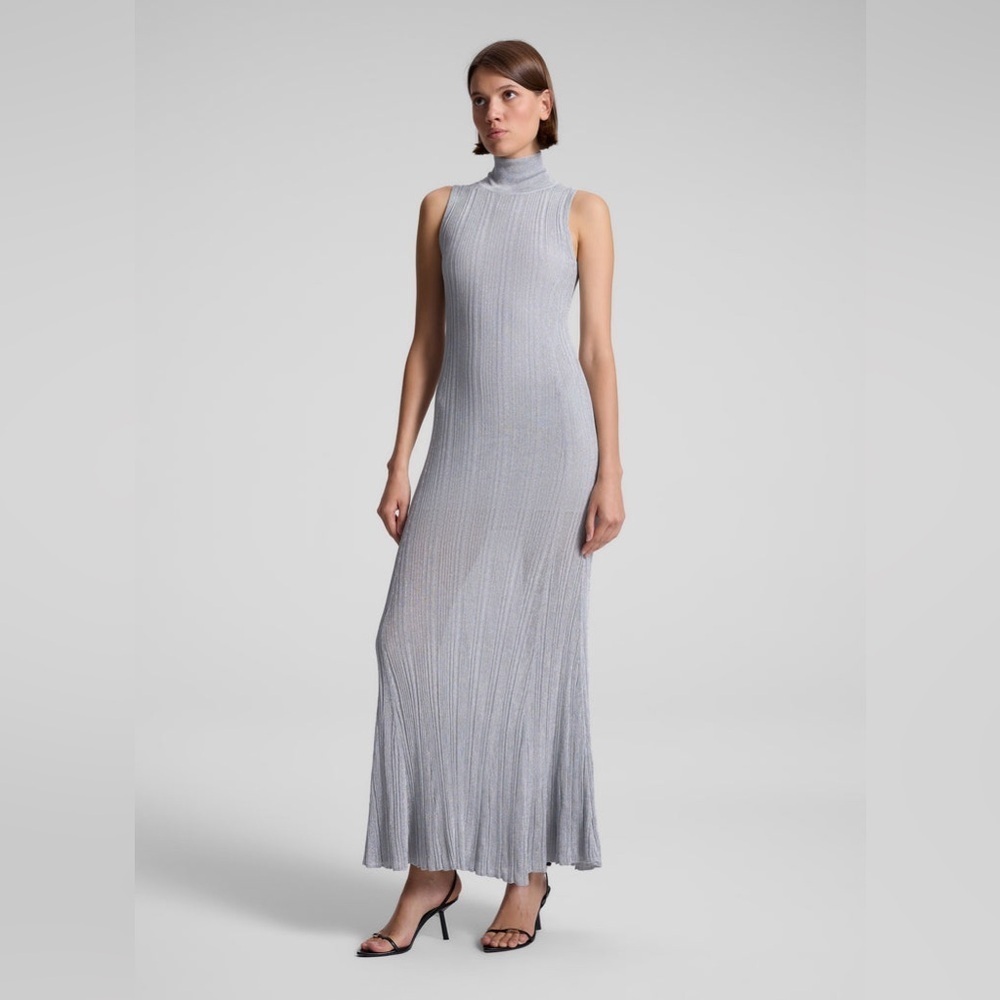 NWT ALC Silver Pleated Sheath Dress Mock Neck Size XS $595